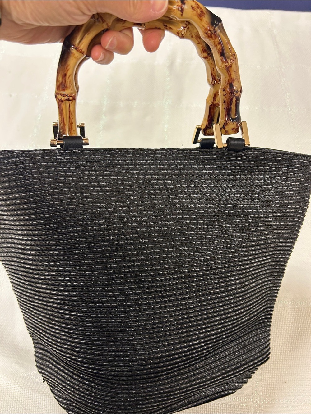 Black Straw Tote with Tortoise-Style Bamboo Handle image 2